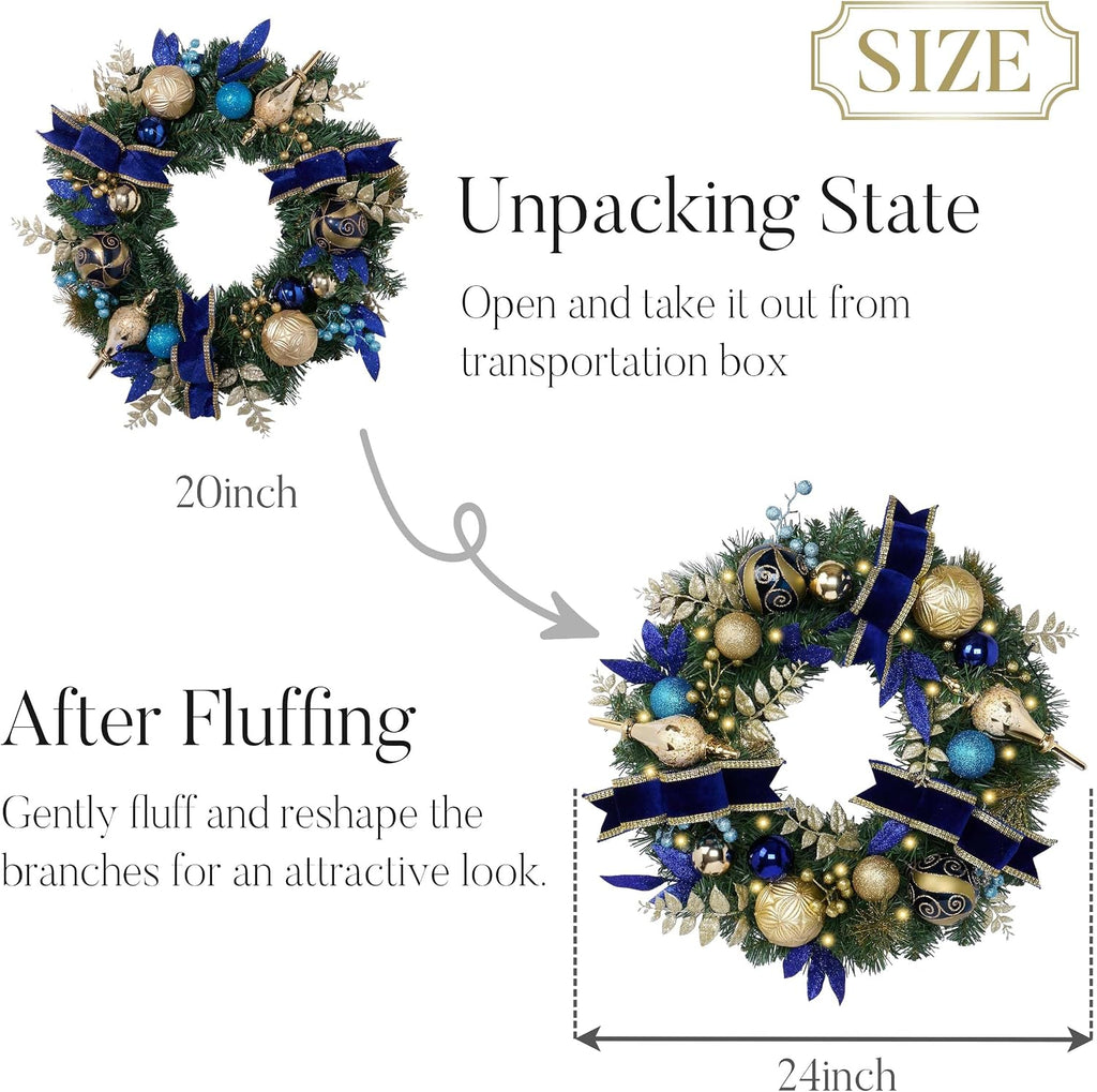 24" Pre-Lit Large Christmas Wreath for Front Door Blue Gold