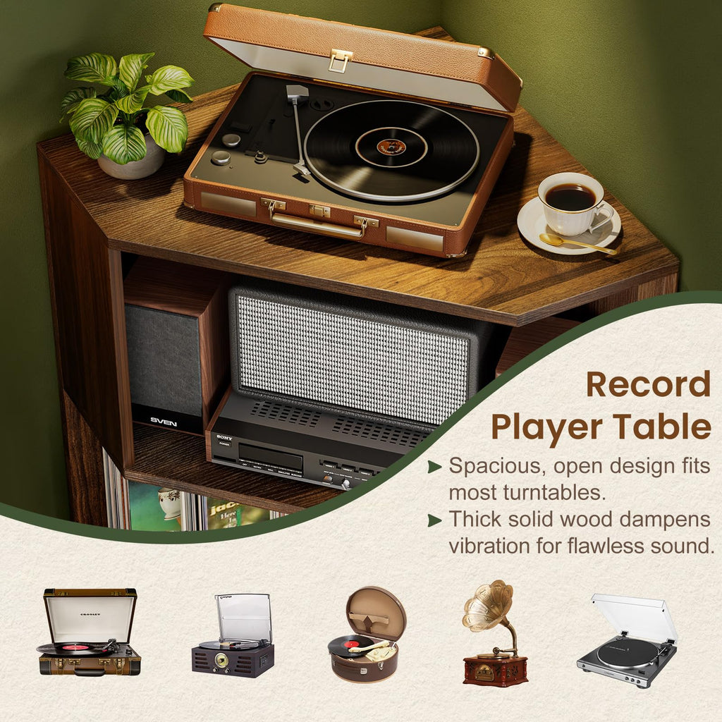 Corner Record Player Stand, Record Player Cabinet, Walnut