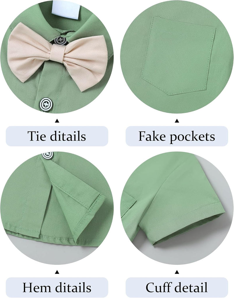Boys Clothes Formal Suit Gentleman Wedding Outfit Short Sleeve Shirt with Bow Tie and Suspender Pants