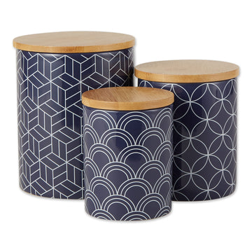 Kitchen Ceramics Collection, Canister Set, Mixed Print, Nautical Blue, 3 Piece