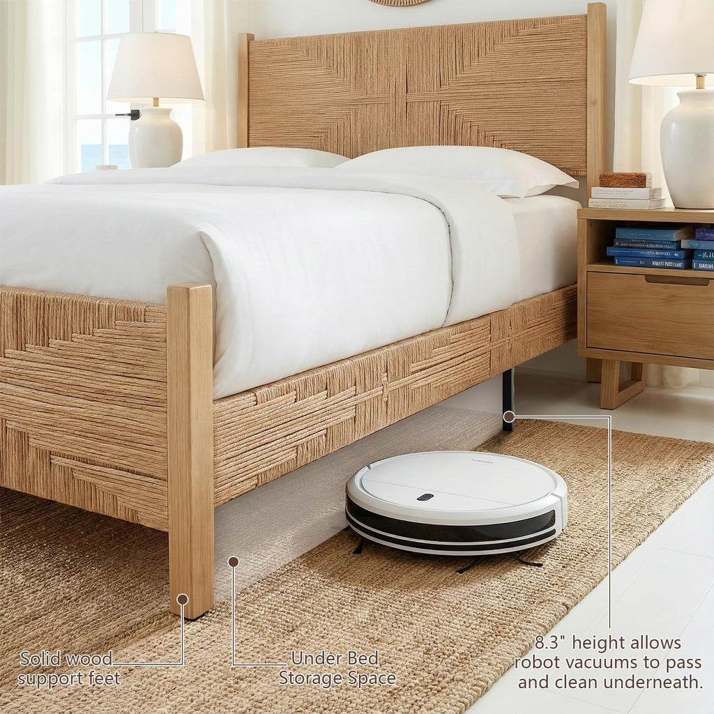 King Size Rattan Bed Frame, Boho Wicker Headboard, Natural Oak
