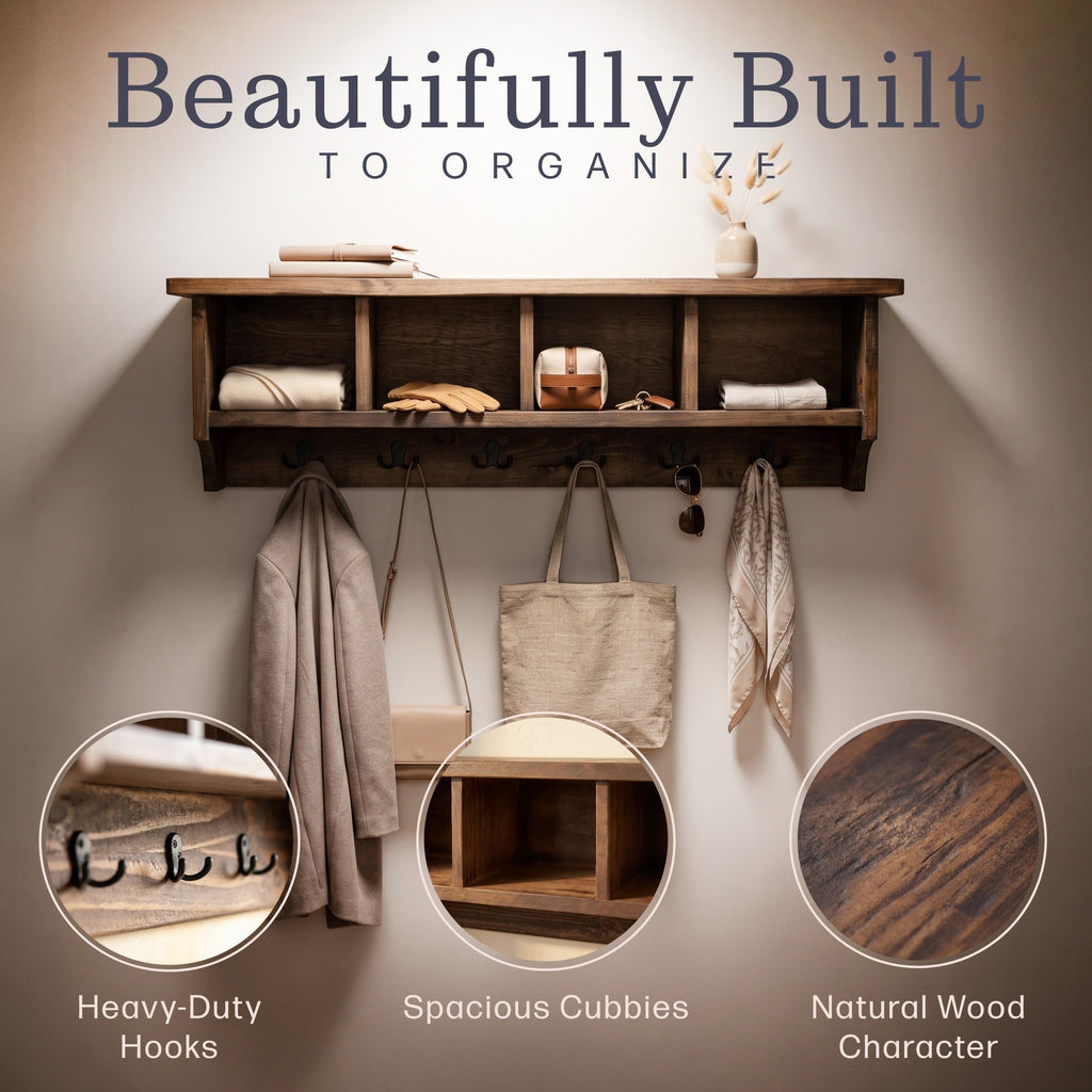Pomona Solid Wood Entryway Coat Rack with Cubbies, Rustic Brown, 48"