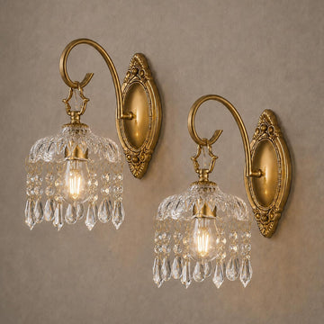 Crystal Wall Sconces Set of 2, Gold Hardwired Wall Sconce with Faceted Glass Shade and Crystal Drops, Vintage