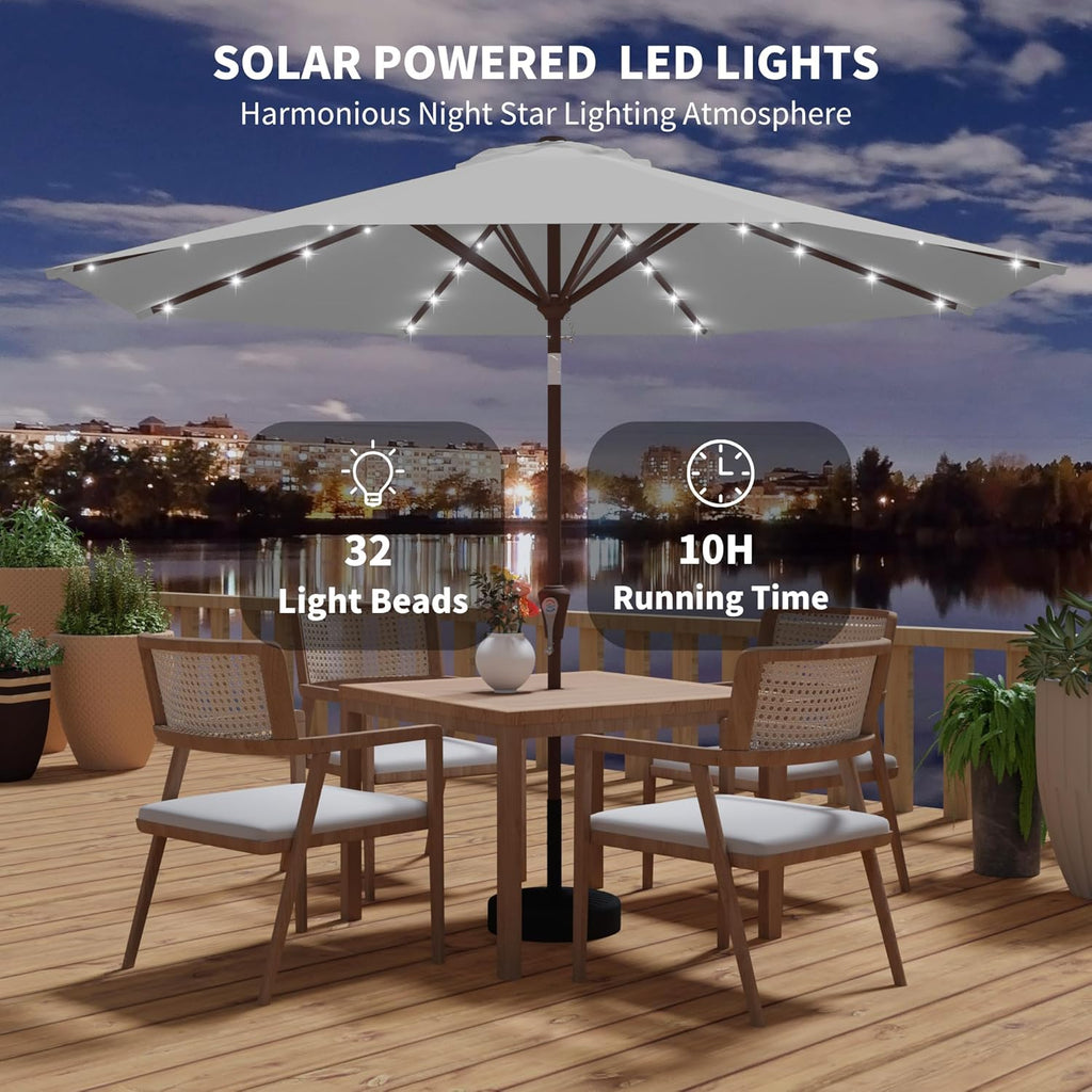 10FT Outdoor Patio Umbrella with Solar Lights, Market Table Umbrella with Push Button Tilt & Crank, 8 Sturdy Ribs
