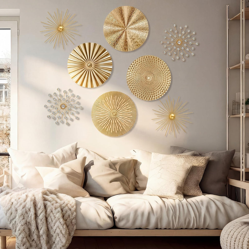 8 Pcs Metal Wall Decoration Metal Starburst Radial Plate Art Hanging Decorative Wall Decorations 3D Sunburst