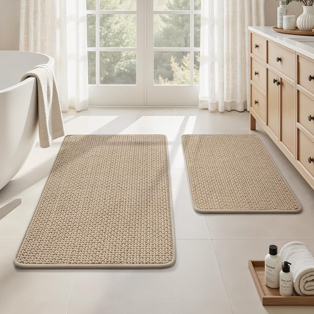 Bathroom Rugs Set 2 Piece Thin Non Slip, Beige 17"x24"+20"x32" | Rubber Backed, Absorbent Quick Dry Bath Rugs, Low