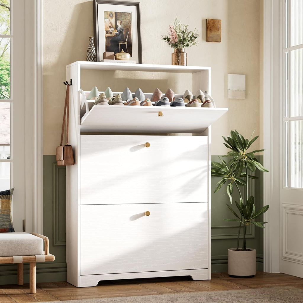 Shoe Cabinet with 3 Flip Drawers, Narrow Shoe Organizer Cabinet, Freestanding Shoe Rack Cabinet, Modern Shoe Storage