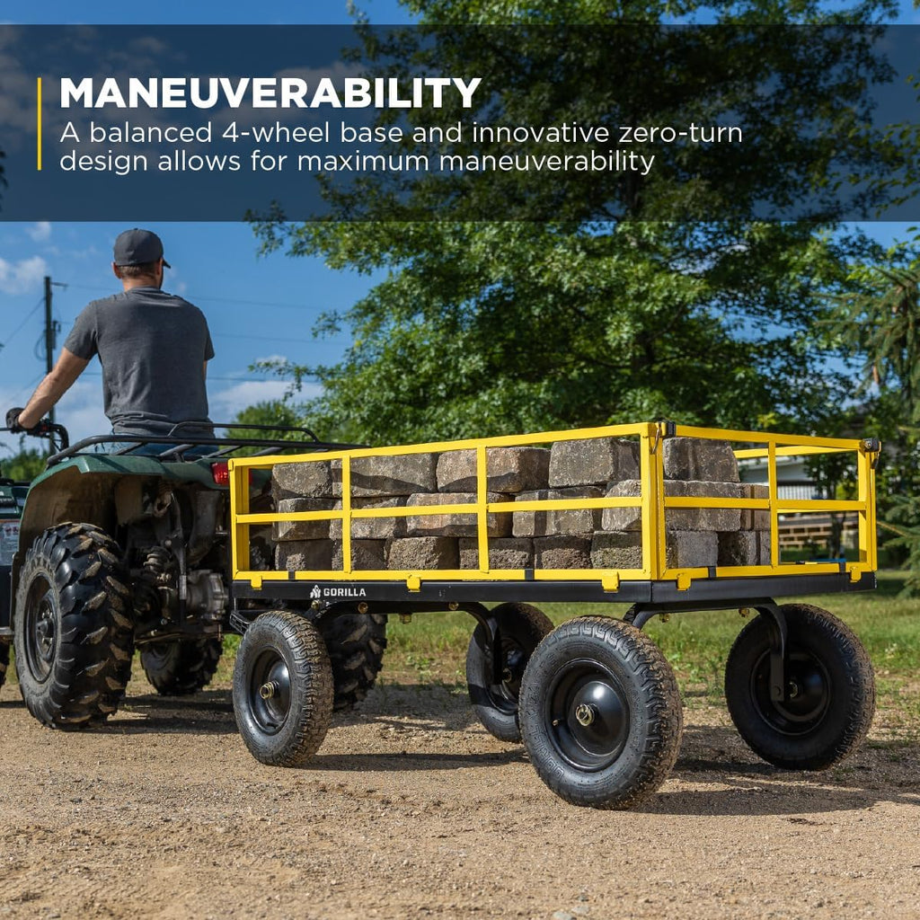 Steel Garden Cart, 4-Wheel Yard Cart, 1400 lb Capacity | Removable Sides, Convertible hand or tractor tow handle