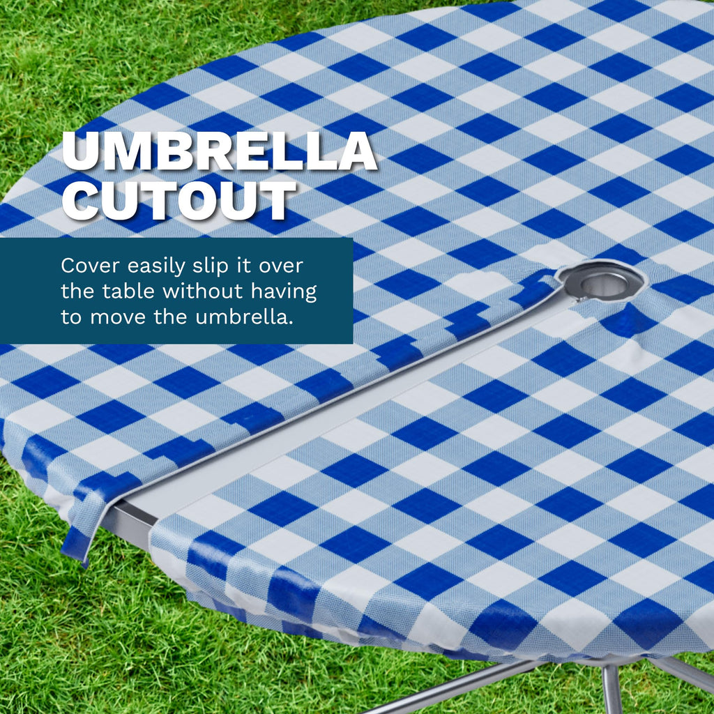 Vinyl Umbrella Round Fitted Tablecloth Cover, Checkered Design, Flannel Backed Lining 60 Inch, Green
