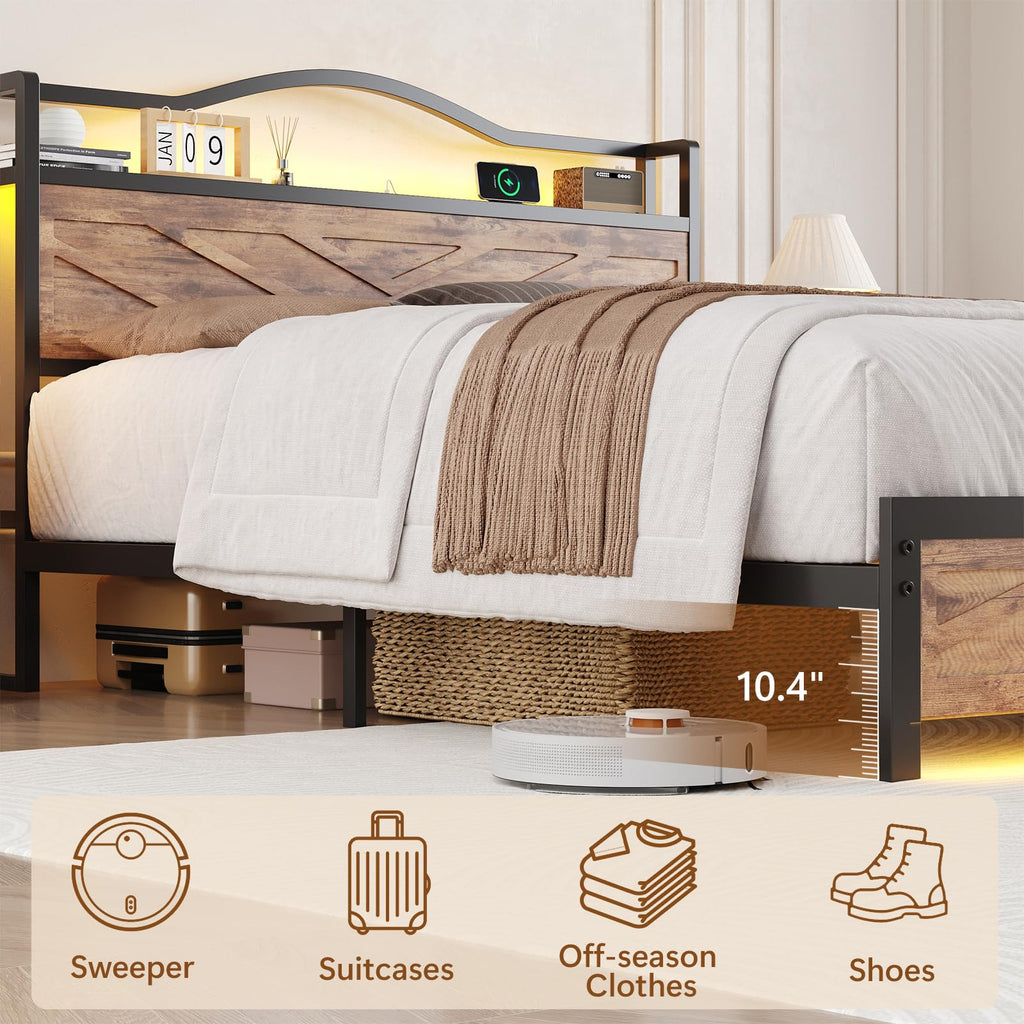 Bed Frame, Farmhouse Storage Headboard, LED Lights, Brown