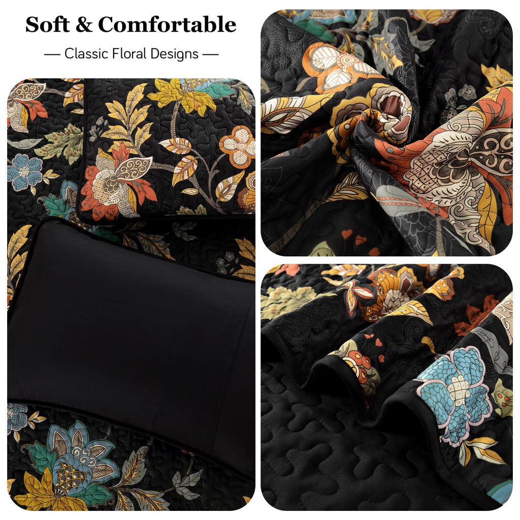 Floral Quilt, Black Vintage Botanical Bedspread