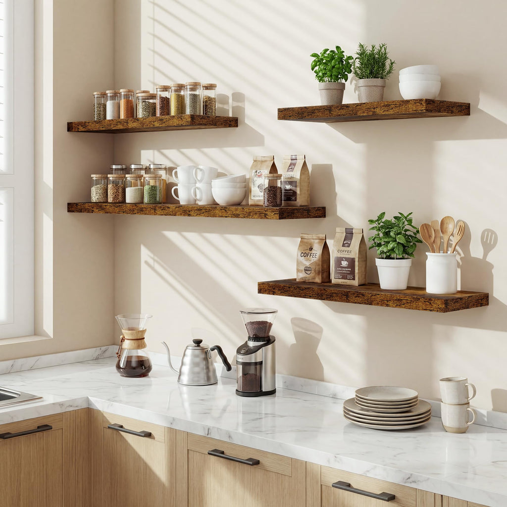 36 Inch Black Floating Shelves for Wall, 9.3" Deep Long Floating Shelf Set of 2, Wood Wall Mounted Shelves Farmhouse