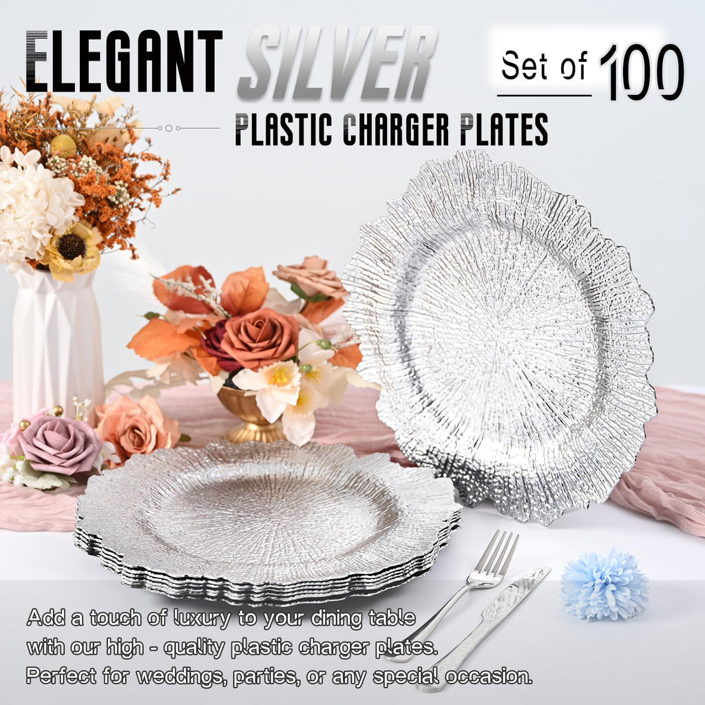 Silver 100pcs Charger Plates Bulk - 13" Elegant Silver Dinner Plates for Weddings & Events