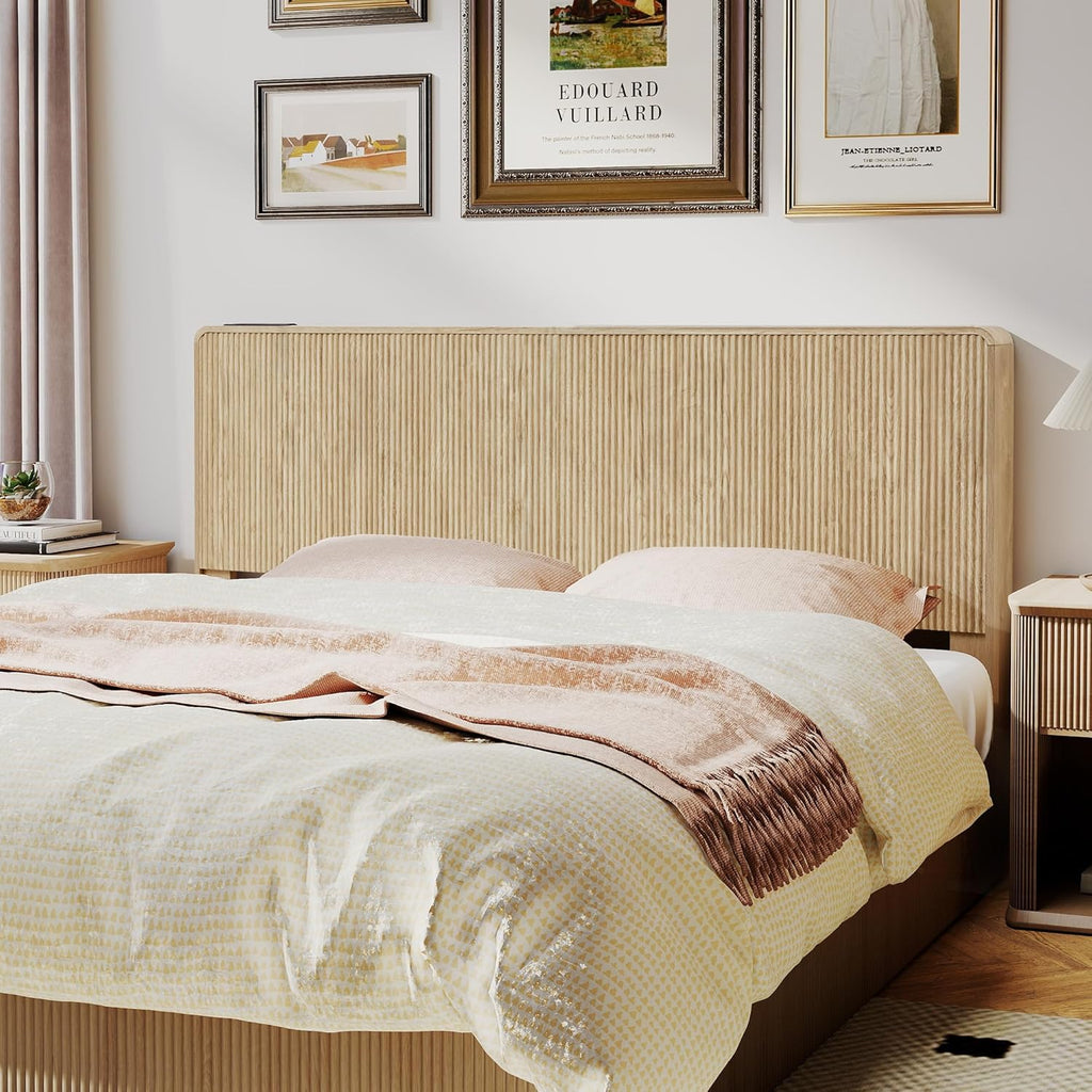 Wood Fluted Headboard King, Modern Wall Mounted Headboard King Headboard Only with 2 Outlets and USB & Type C Port