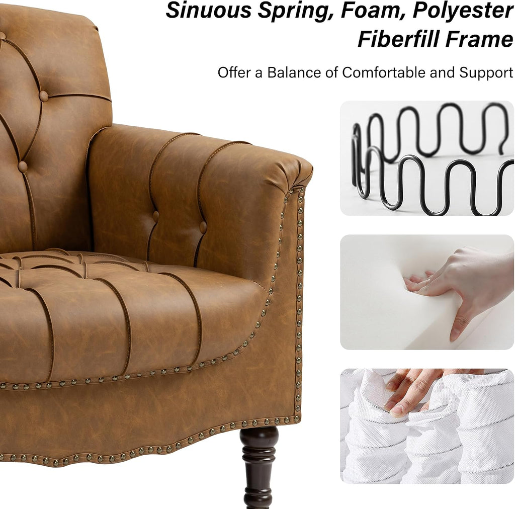 Faux Leather Accent Chairs, Comfy Club Armchair, Camel - Set of 2