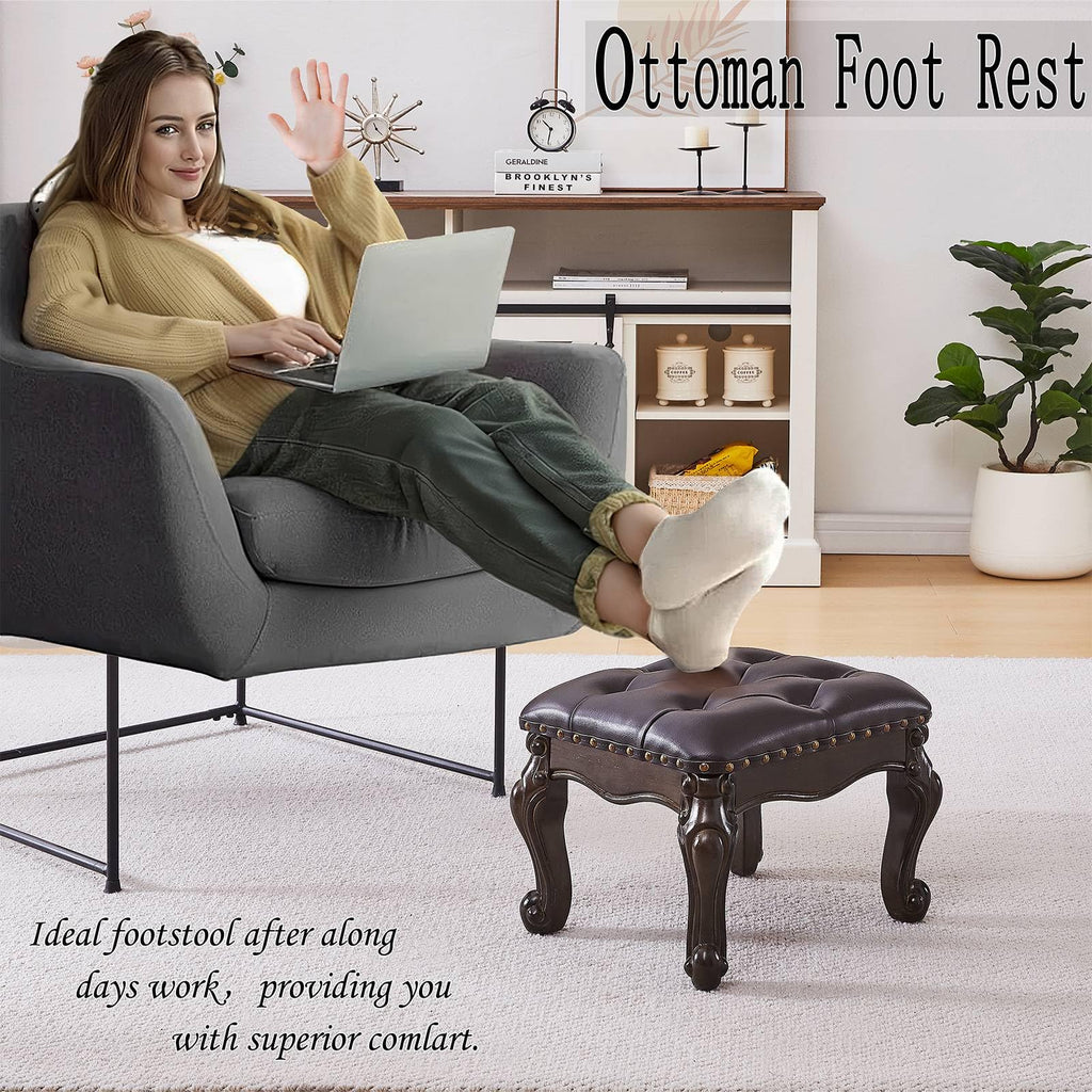 Foot Stools Ottoman, Leather Footstool, Solid Wooden Small Vintage Ottoman Foot Rest, Shoe Change Bench (Black Brown)