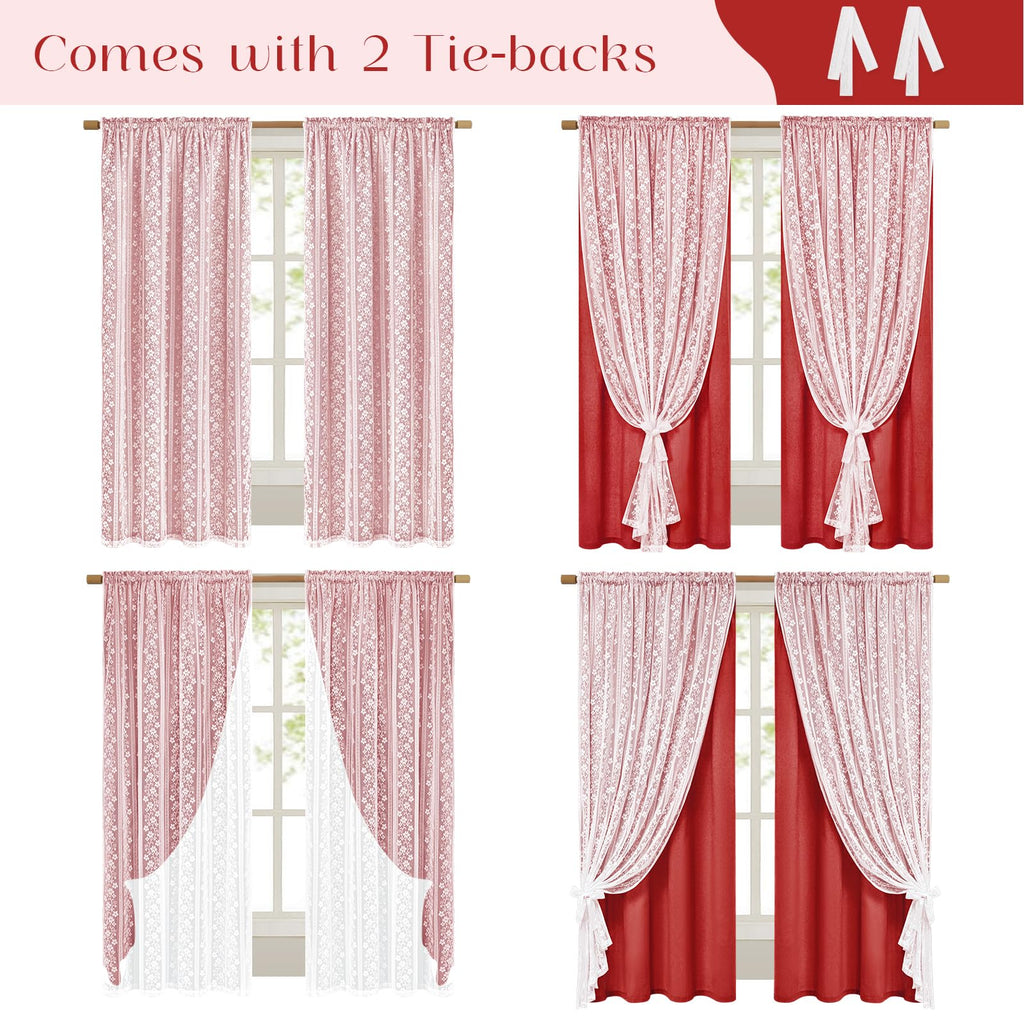 Linen Curtains Double Layers Curtains Farmhouse Window Curtain with Linen Lace, Light Filtering Curtain 63 Inch