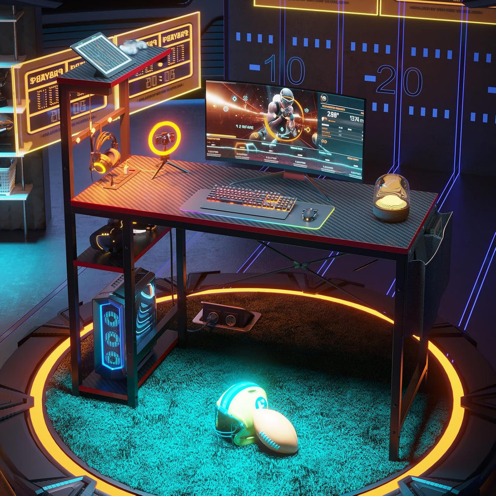 Gaming Desk with Power Outlets, 44 Inch Led Gamer Desk with 4 Tiers Reversible Shelves, PC Gaming Table with Headset
