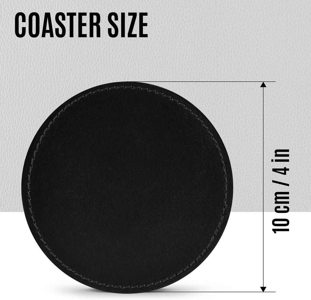 Genuine Leather, Premium Table Coasters by , Round, 4 inch, with Holster, Handcrafted, Hand Made, Non Slip - Set of 6