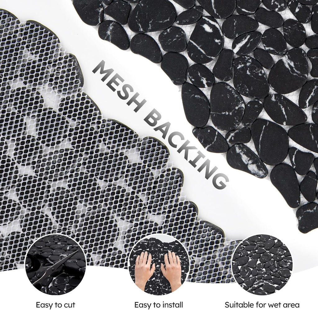 Pebble Tile for Shower Floor, Black Marble Veins Oval,Pebble Backsplash Bathroom Wall and Floor Tile