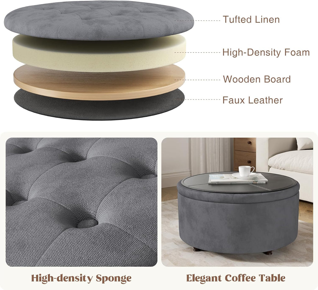 30 Inch Round Storage Ottoman,Modern Tufted Ottomans,Circular Coffee Table with Removable Top,Upholstered Large