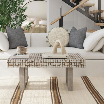 White Coffee Table - Handmade Accent Table with Coconut Shell Inlay, 40" Rectangular Wood Table, Coastal Farmhouse