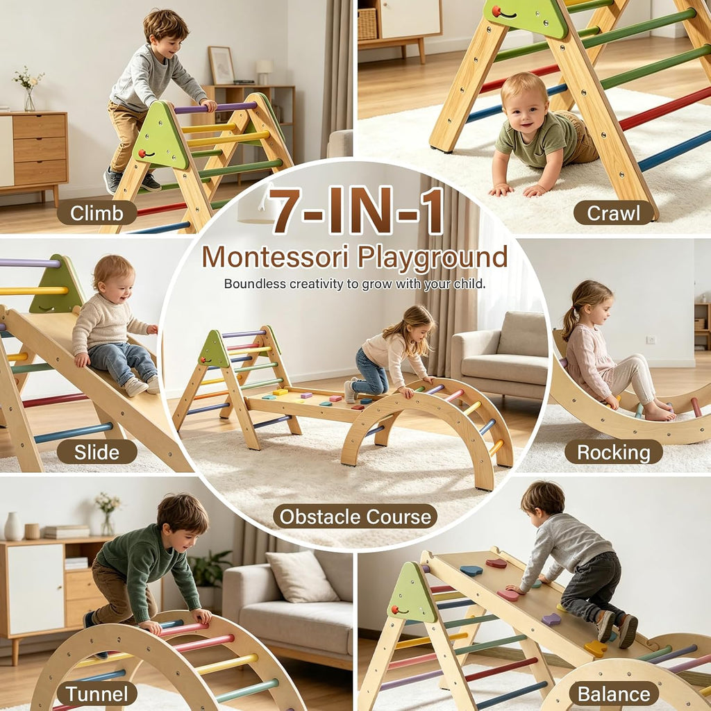 Foldable Pikler Triangle Climbing Set Wooden 7 in 1 Montessori Climber Toys for Toddlers 1-3 Baby Jungle Gym Indoor