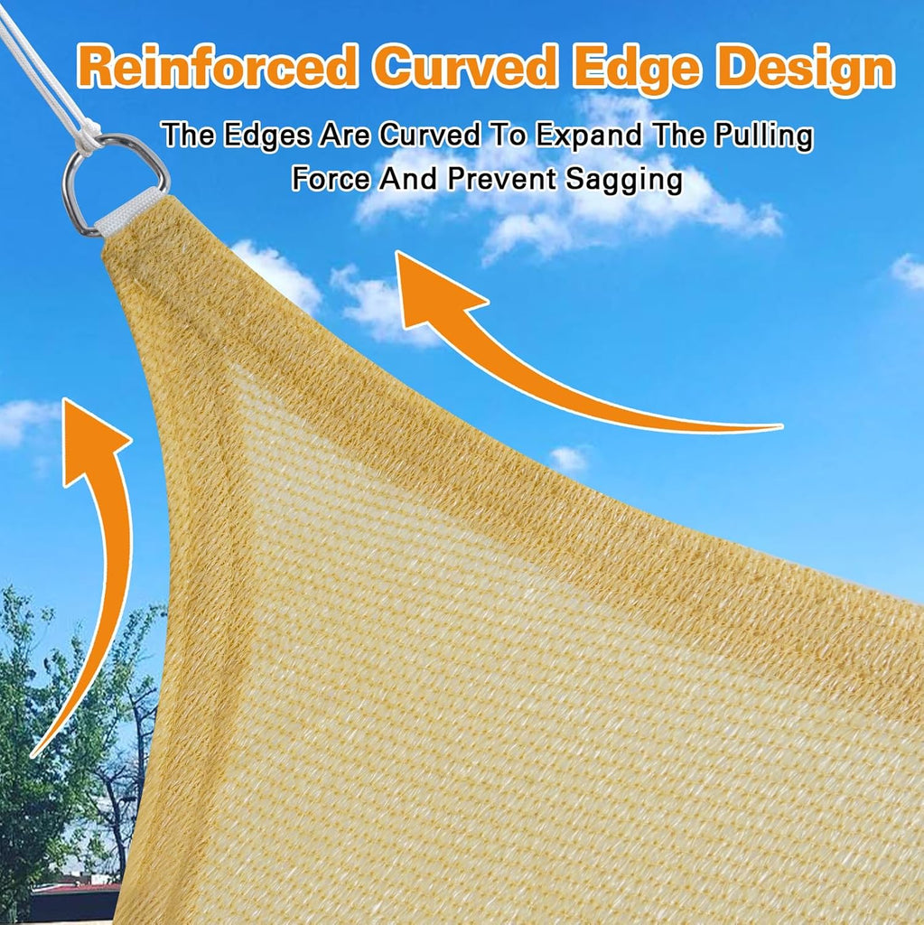 Sun Shade Sail, 13'X17' Sand Rectangle Curved Edged Sun Shade, Commercial Grade 185GSM HDPE UV Permeable Outdoor