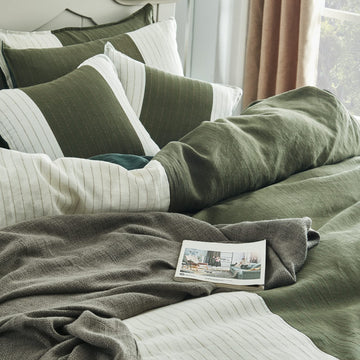 100% Linen Duvet Cover Set Twin Size, 2PCS Natural French Stone Washed Flax Jacquard Strip Pattern Breathable