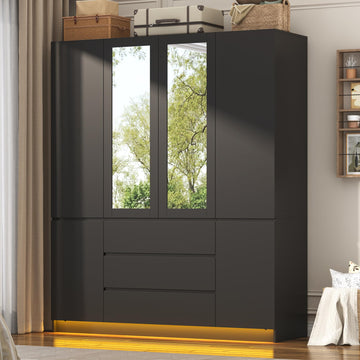 4 Doors Armoire Wooden Wardrobe Closet with 3 Drawers & 2 Mirror, 75"H Clothing Storage Cabinet with Hanging