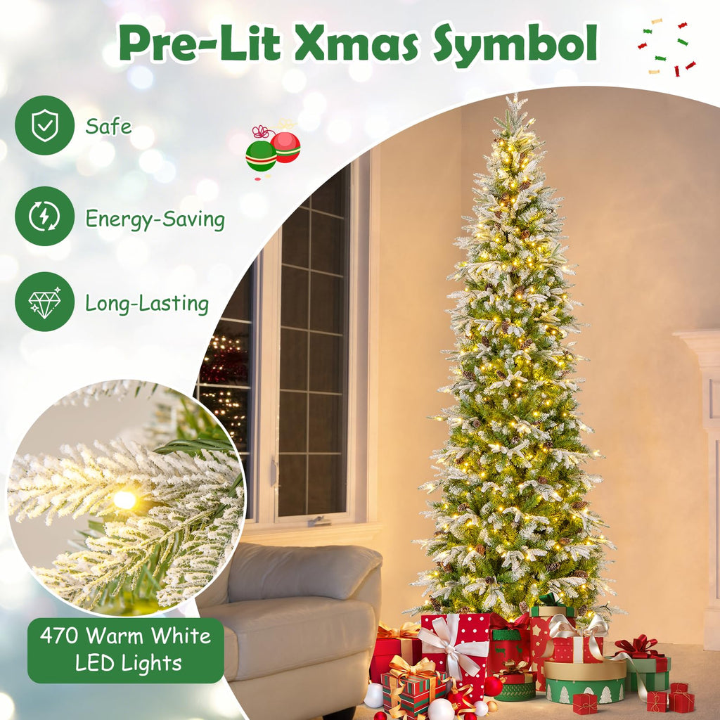 9 FT Pre-lit Flocked Pencil Christmas Tree, Hinged Artificial Xmas Tree with 1310 PE PVC Branch Tips, 470 Warm White