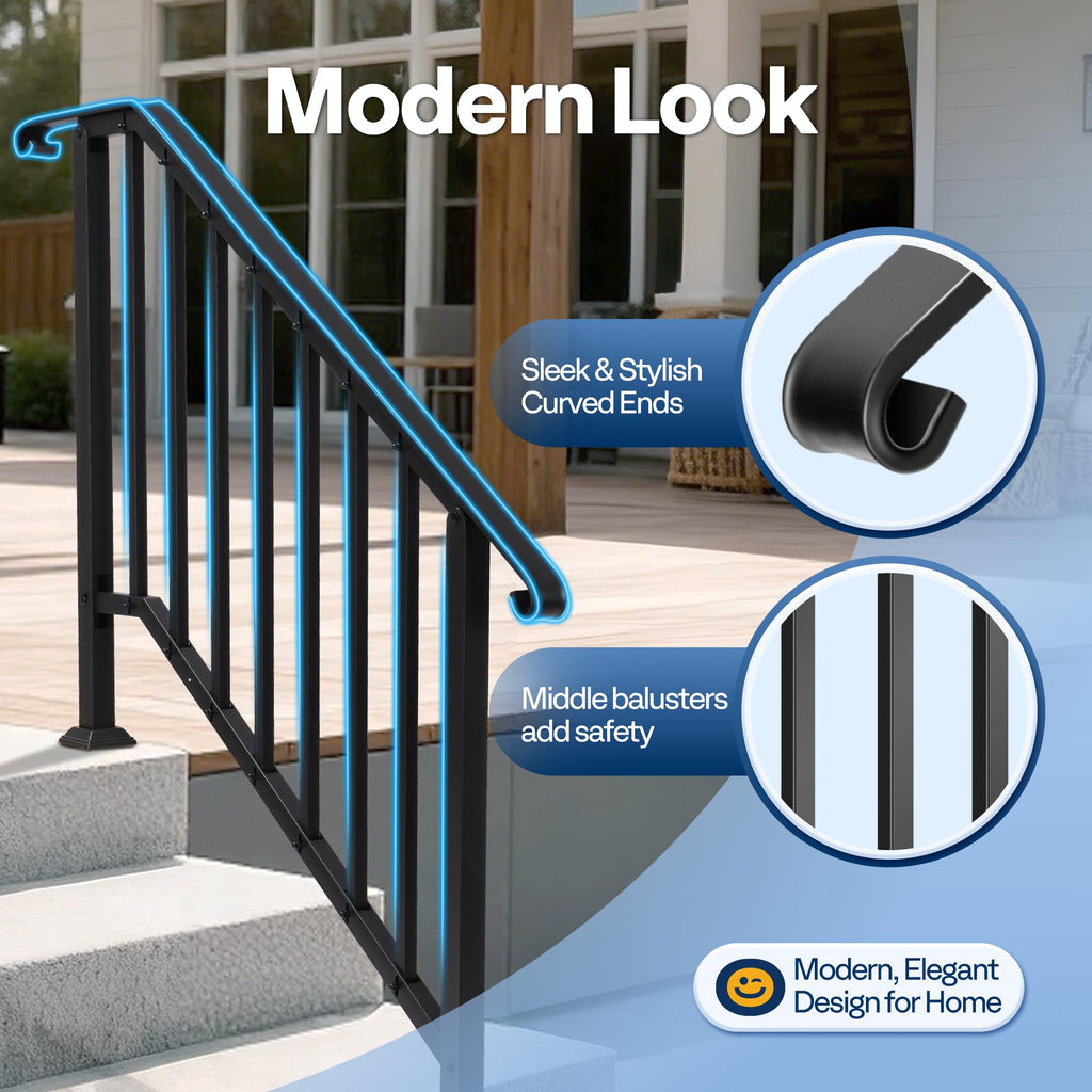 6-Step Hand Rails for Outdoor Steps with Curved Ends and Balusters