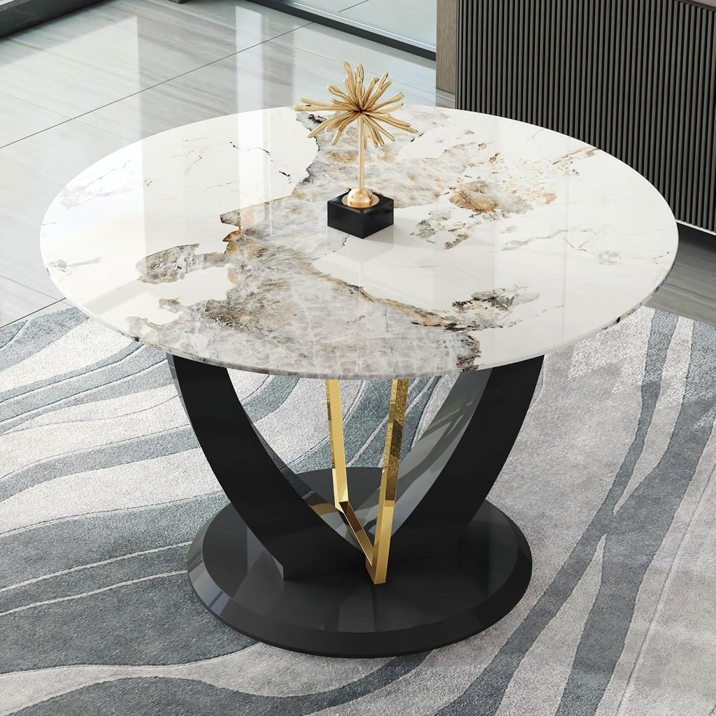 42" Round Dining Table for 4-6, Modern Faux Marble Kitchen Tabletop with Black Wood Pedestal and Gold Metal Frame