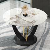 42" Round Dining Table for 4-6, Modern Faux Marble Kitchen Tabletop with Black Wood Pedestal and Gold Metal Frame