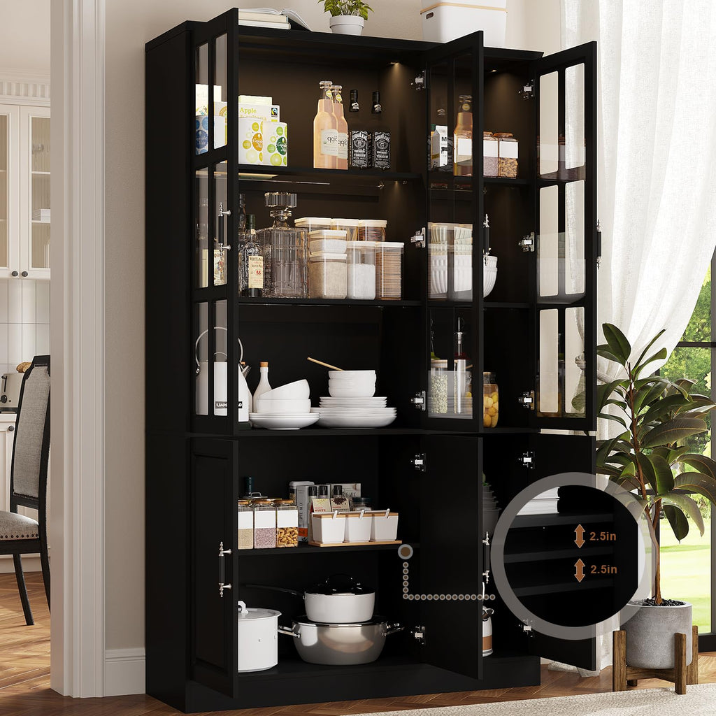 78.7" Kitchen Pantry Storage Cabinet with LED Lights, Tall Pantry Cabinet with Glass Doors, Kitchen Hutch Utility