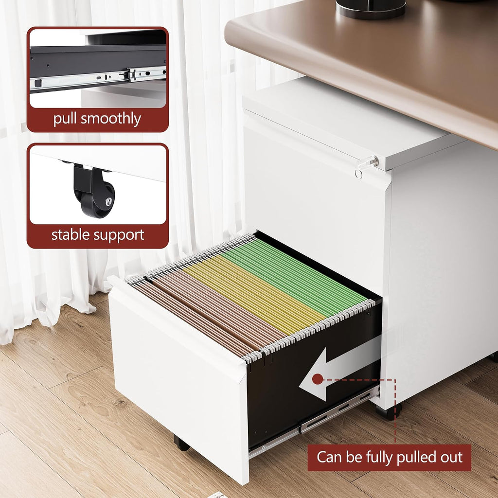 2 Drawer File Cabinet,Mobile Filing Cabinet with Lock and Wheels,Fully Assembled Metal Under Desk File Cabinets for
