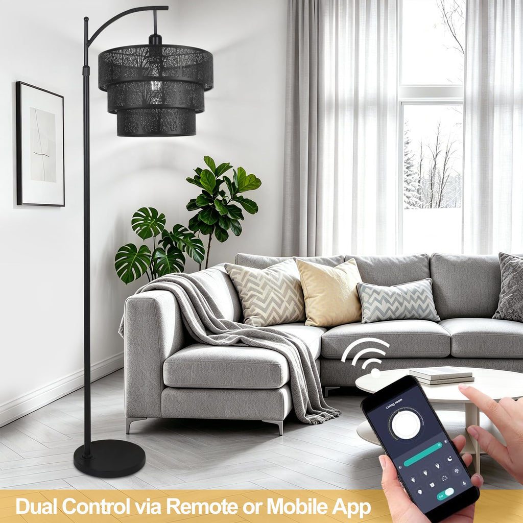Arc Floor Lamp Bedroom, Mid-Century Modern Floor Lamps with Remote, Black Dimmable Standing Tall Lamp for Corner
