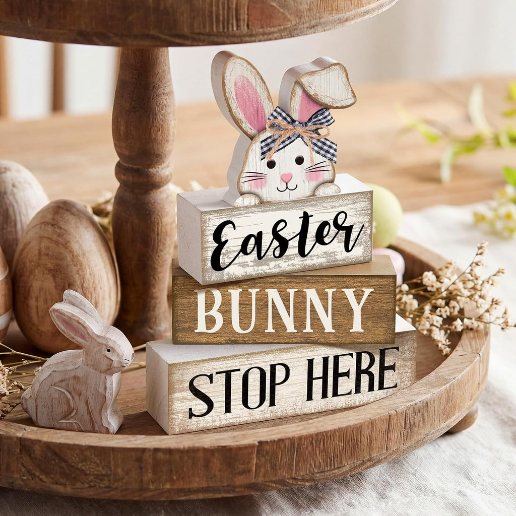 Easter Bunny Wood Signs Farmhouse Tiered Tray Table Decor - Set of 4