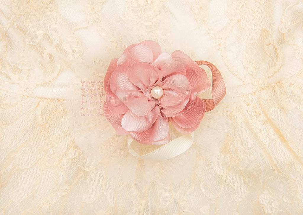 Newborn Baby Girl Lace Dress Set, 4 Pieces Outfit for Special Occasions (US, Age, 0 Months, Pink, Ivory, Pearl.)