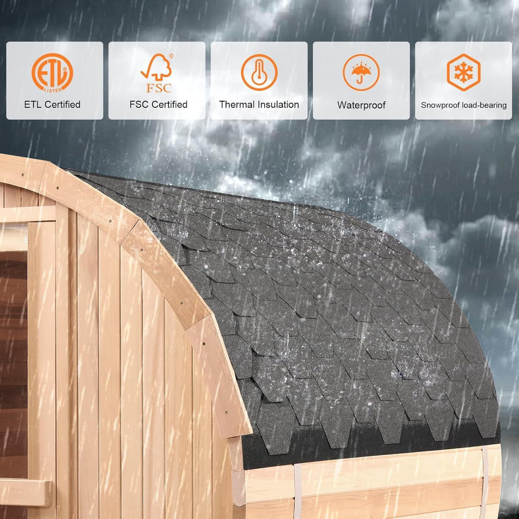 Indoor and Outdoor Barrel Sauna Room with Asphalt Shingle Roof, Wooden Steam Sauna with 4.5KW Certified TOULE Heater