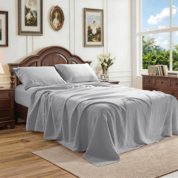 100% French Linen Sheet Set 4Pcs, 16" Deep Pocket Durable Bed Sheet Full