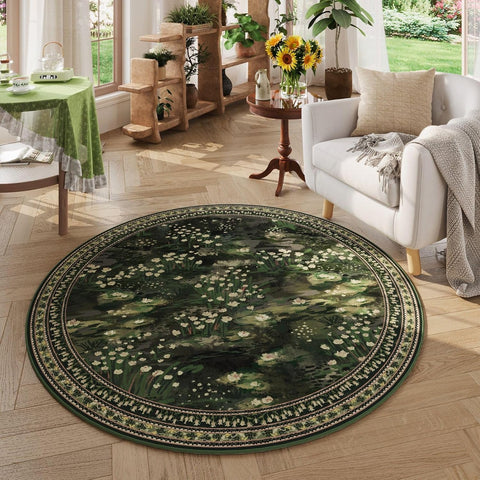 Circle Rug Impressionist-Style Vintage 8ft Round Rug Non Slip Low Pile Small Circular for Bedroom Ba