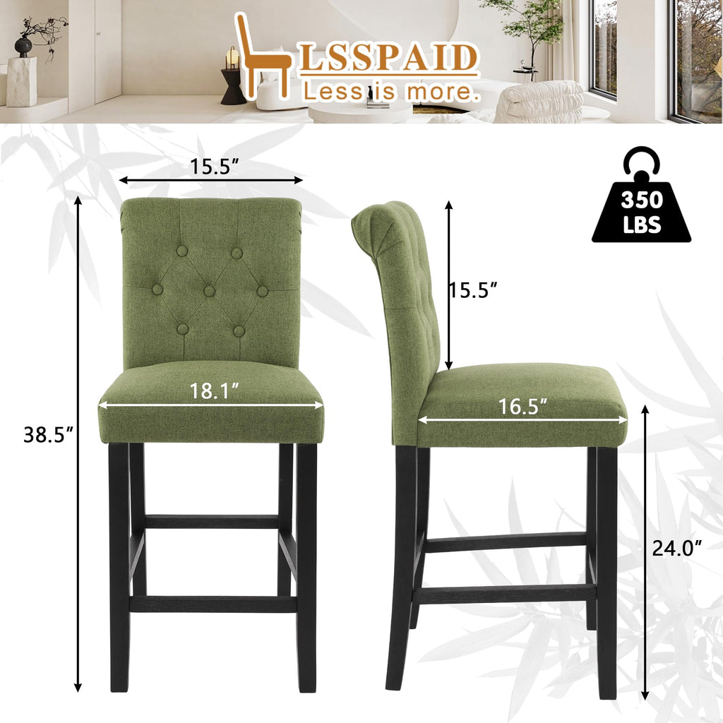 24" Barstools Set of 2, Green Bar Chairs with Button Tufted Back