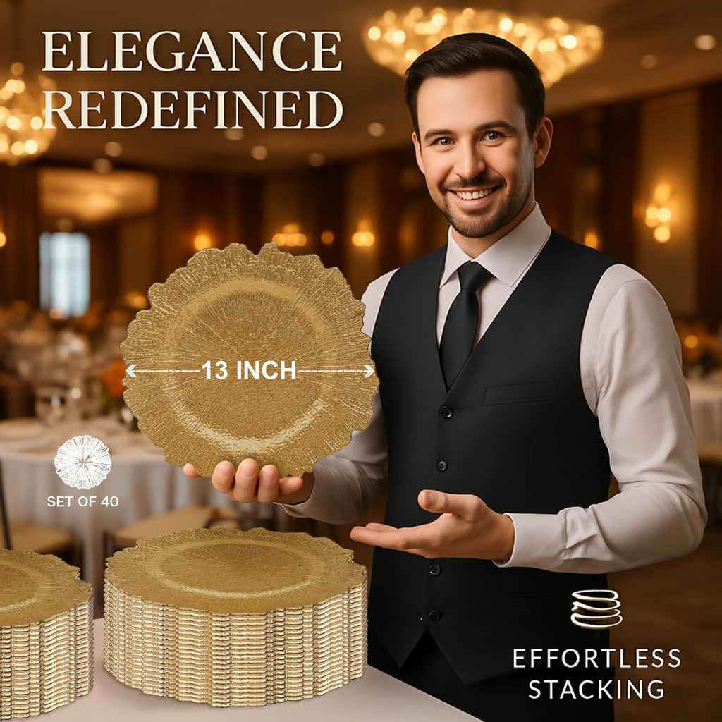 40 Pack Bulk, 13'' Reef Chargers for Dinner Plates, Round Plastic Charger for Wedding, Party Event, Dinner, Table