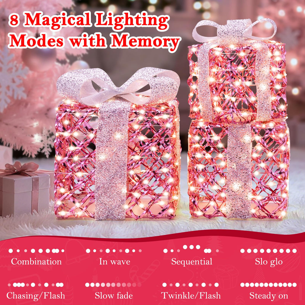 Christmas Lighted Gift Boxes, 170 LEDs Pink Christmas Decorations with Silver Bow, 8 Modes & Timer Set of 3 Plug-in