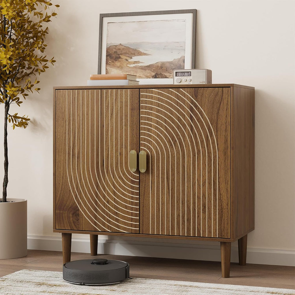 Walnut Sideboard Cabinet, Freestanding Buffet Cabinet with Line Groove Design, Wood Storage Cabinet with Adjustable