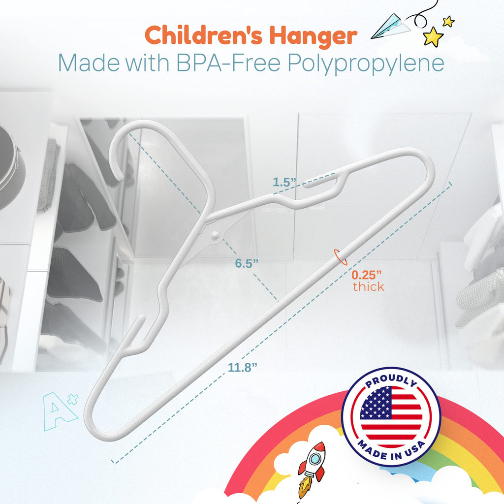 Plastic 12" Kids Hangers 30 Pack - Made in the USA - 5lb Capacity Baby & Toddler Clothes Hangers with Notches &