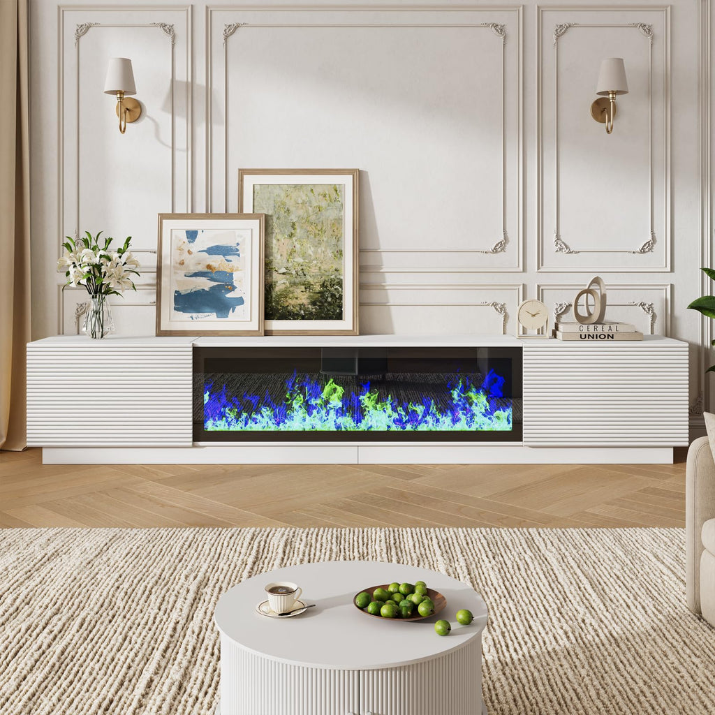 94.5" Fireplace TV Stand, Fluted TV Stands, White