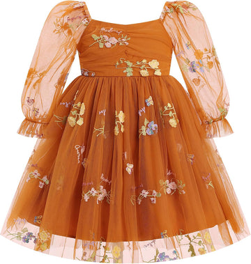 Toddler Girl Birthday Dress Floral Confetti Tulle Formal Wedding Party Long Sleeve Dress Cake Smash Photo Shoot