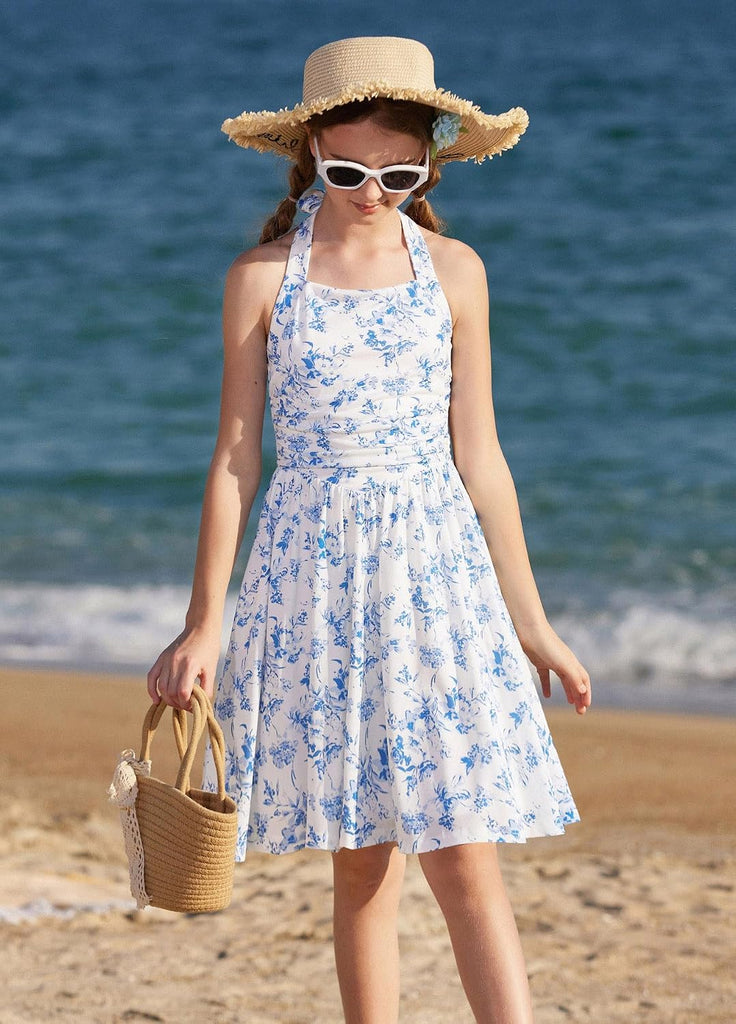 Girls Floral Summer Spring Halter Tie Back Dresses